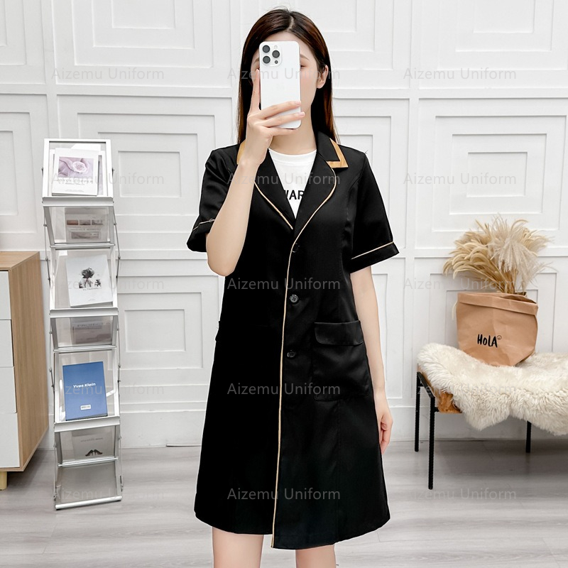 Medical Lab Gown - black beauty uniform with beautician robe